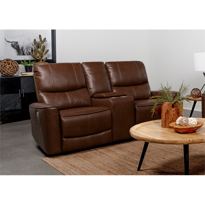 Pemberly Row Faux Leather Power Reclining Loveseat Console Saddle Brown