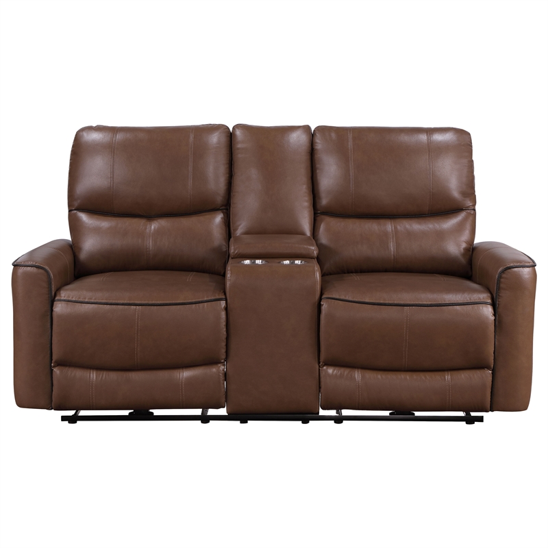 Pemberly Row Faux Leather Power Reclining Loveseat Console Saddle Brown