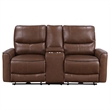 Pemberly Row Faux Leather Power Reclining Loveseat Console Saddle Brown