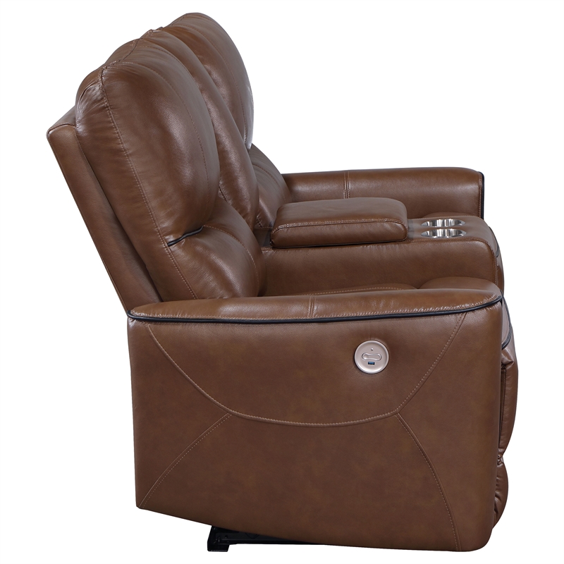 Pemberly Row Faux Leather Power Reclining Loveseat Console Saddle Brown