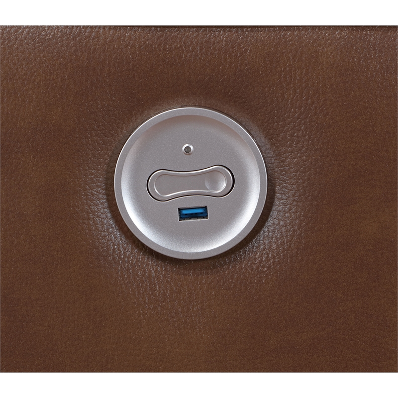 Pemberly Row Faux Leather Power Reclining Loveseat Console Saddle Brown