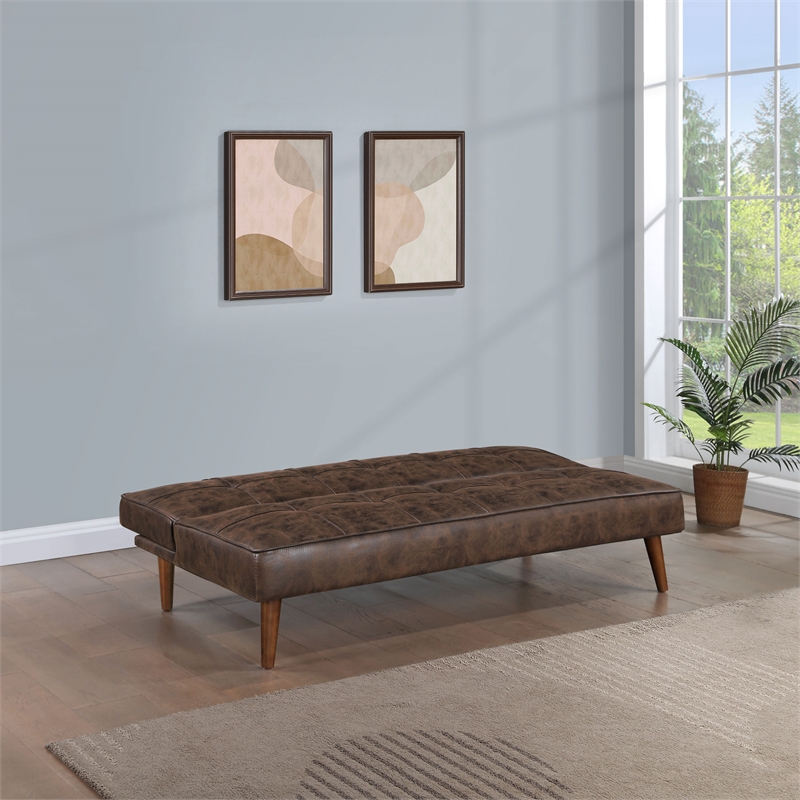 Pemberly Row Faux Leather Tufted Convertible Sofa Bed Dark Coffee Brown