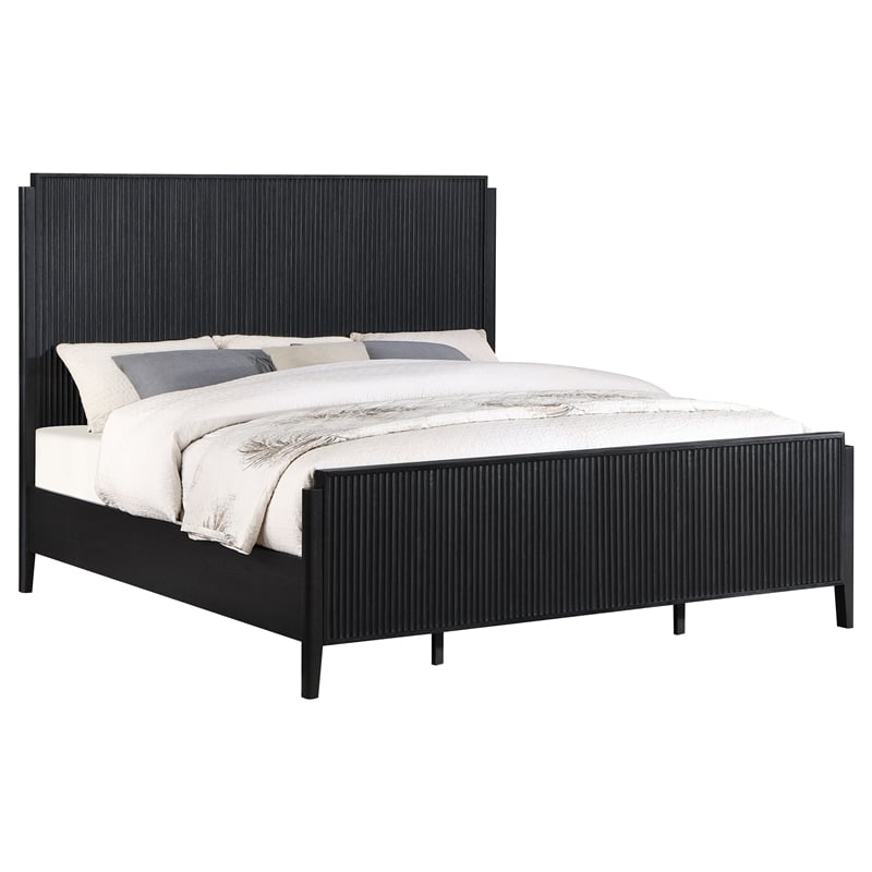 Pemberly Row Transitional Asian Hardwood Queen Panel Bed in Black