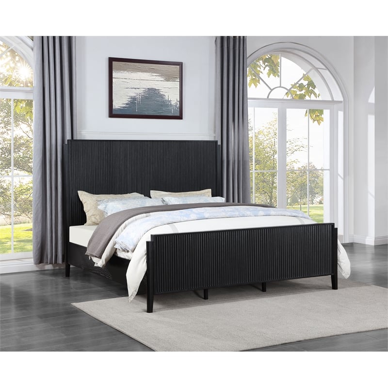 Pemberly Row Transitional Asian Hardwood Queen Panel Bed in Black