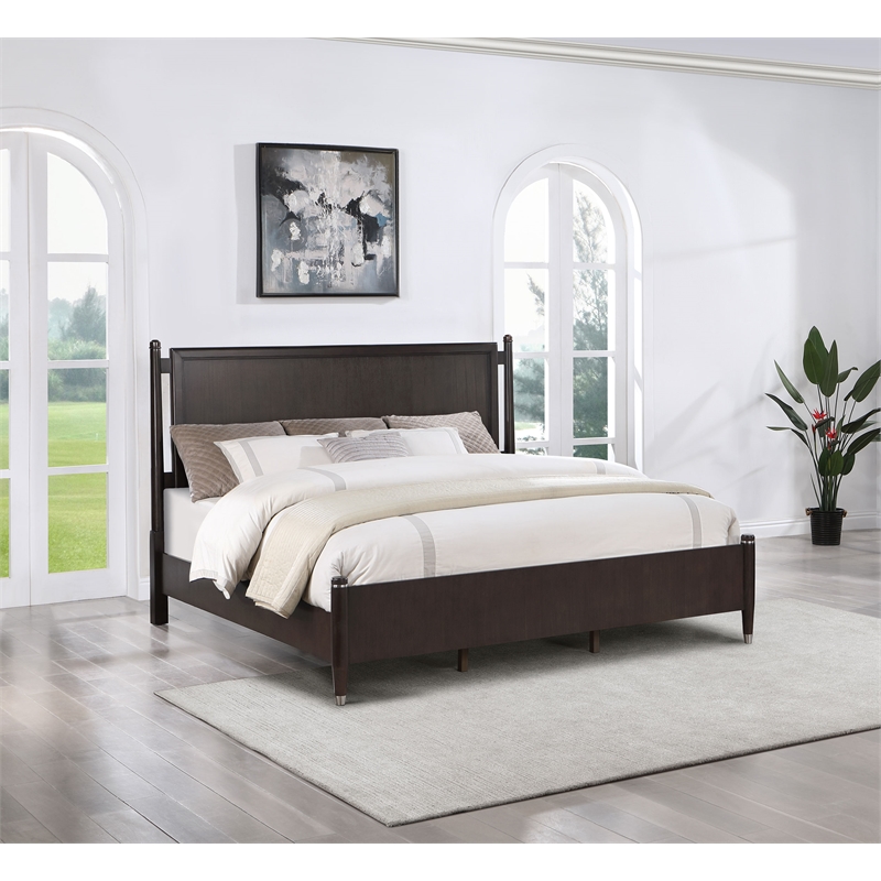 Pemberly Row Mid-Century Wood Queen Poster Panel Bed in Brown