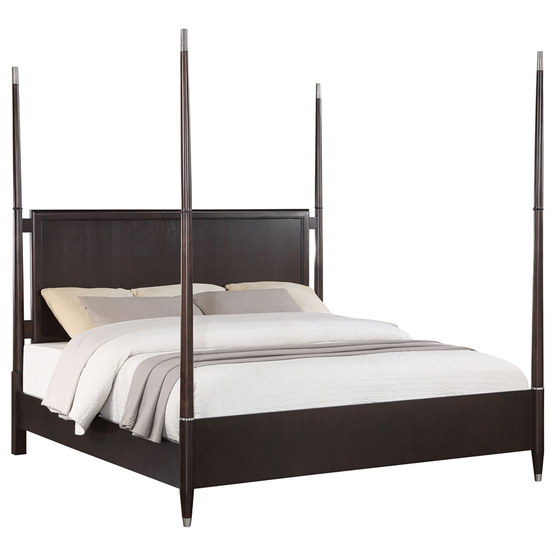 Pemberly Row Mid-Century Wood Queen Poster Panel Bed in Brown