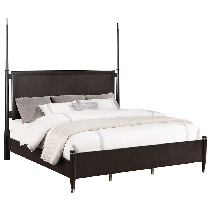 Pemberly Row Mid-Century Wood Queen Poster Panel Bed in Brown