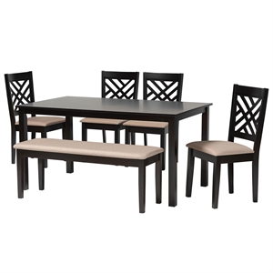 Pemberly Row Sand Fabric and Walnut Brown Wood 6-Piece Dining Set