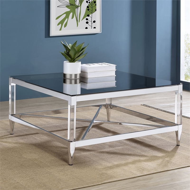 Pemberly Row Square Metal Coffee Table Tempered Mirror Top Chrome
