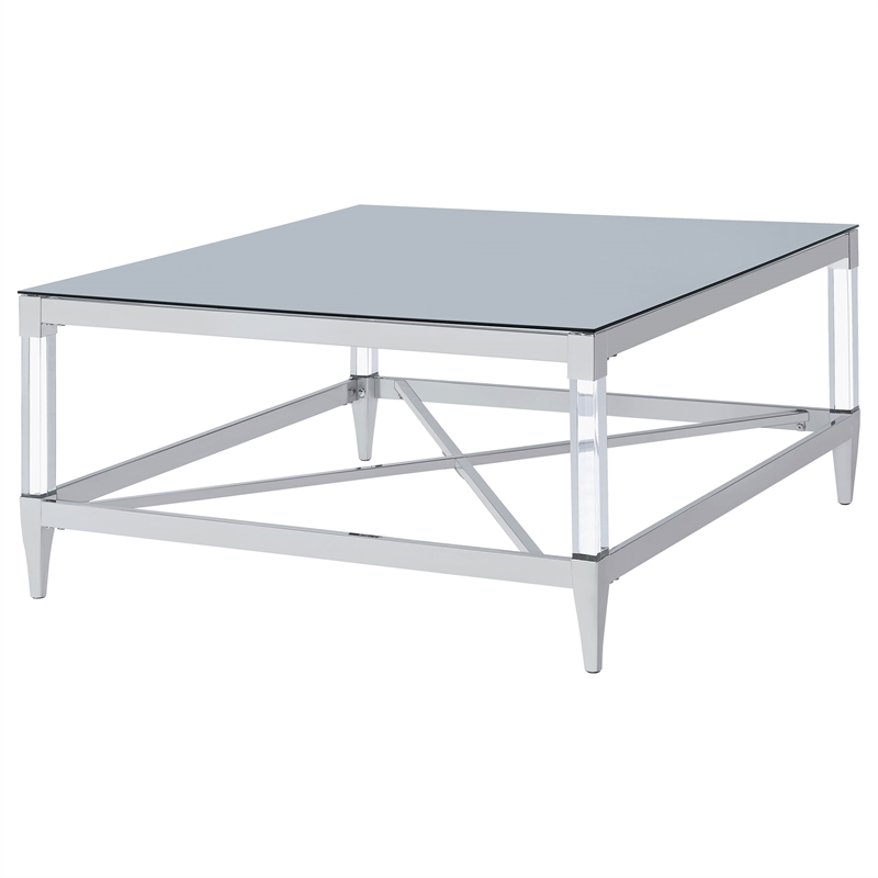 Pemberly Row Square Metal Coffee Table Tempered Mirror Top Chrome
