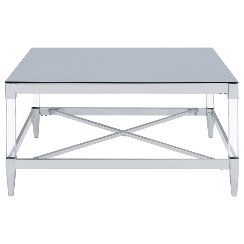 Pemberly Row Square Metal Coffee Table Tempered Mirror Top Chrome