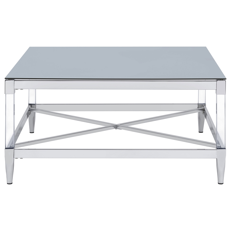 Pemberly Row Square Metal Coffee Table Tempered Mirror Top Chrome