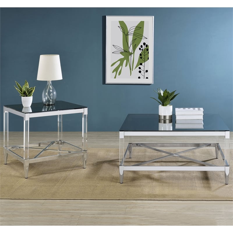 Pemberly Row Square Metal Coffee Table Tempered Mirror Top Chrome