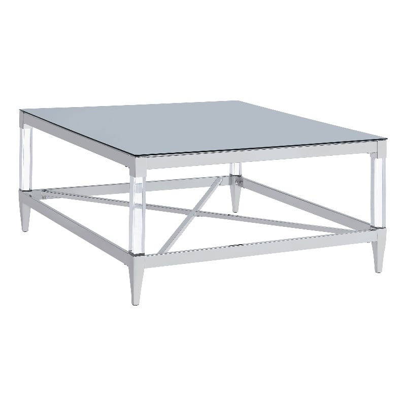 Pemberly Row Square Metal Coffee Table Tempered Mirror Top Chrome