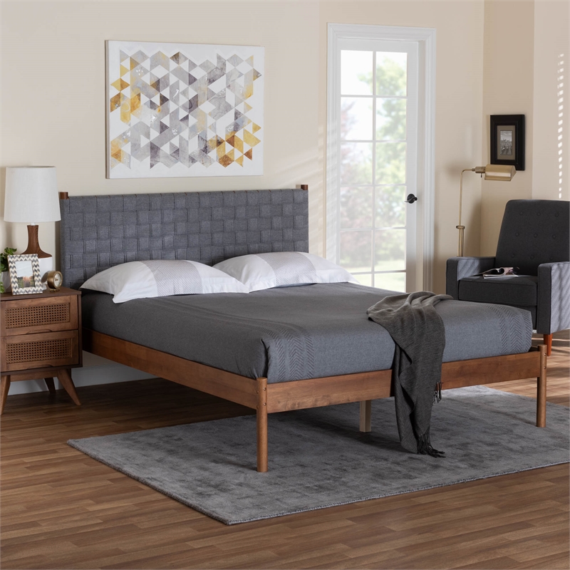 Pemberly Row Gray Woven Fabric and Brown Wood Queen Size Platform Bed