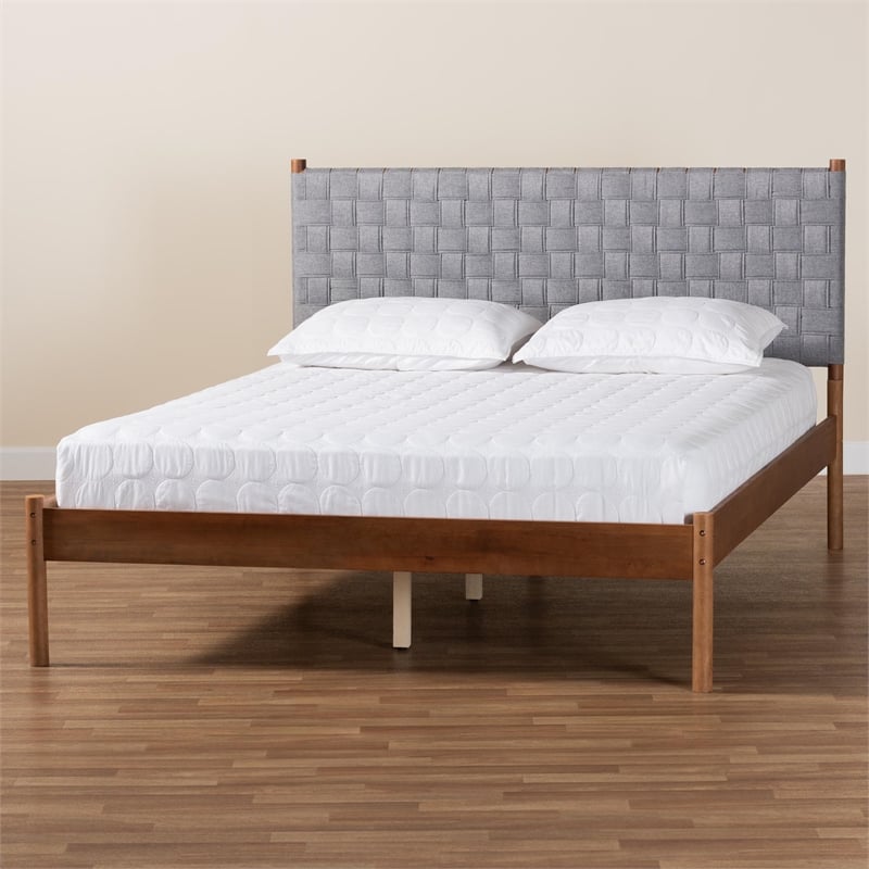 Pemberly Row Gray Woven Fabric and Brown Wood Queen Size Platform Bed
