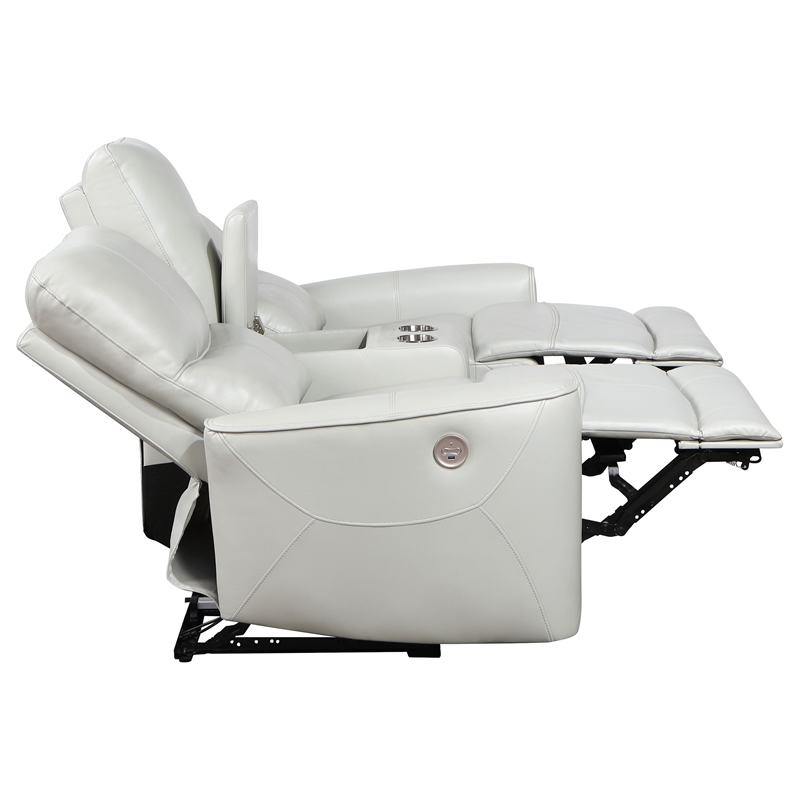 Pemberly Row Faux Leather Power Reclining Loveseat with Console Ivory
