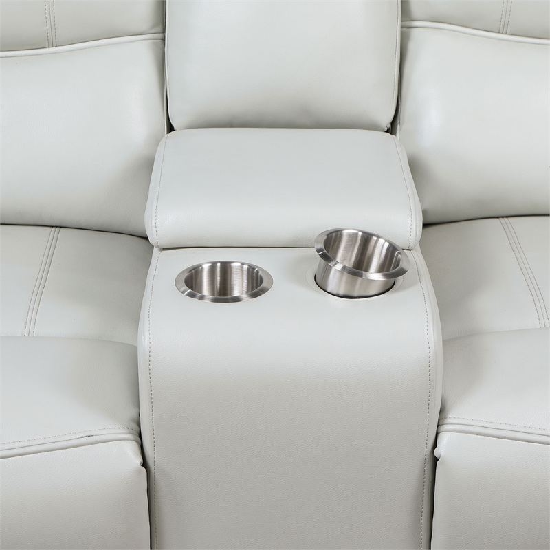Pemberly Row Faux Leather Power Reclining Loveseat with Console Ivory