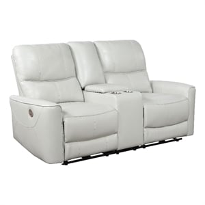Pemberly Row Faux Leather Power Reclining Loveseat with Console Ivory