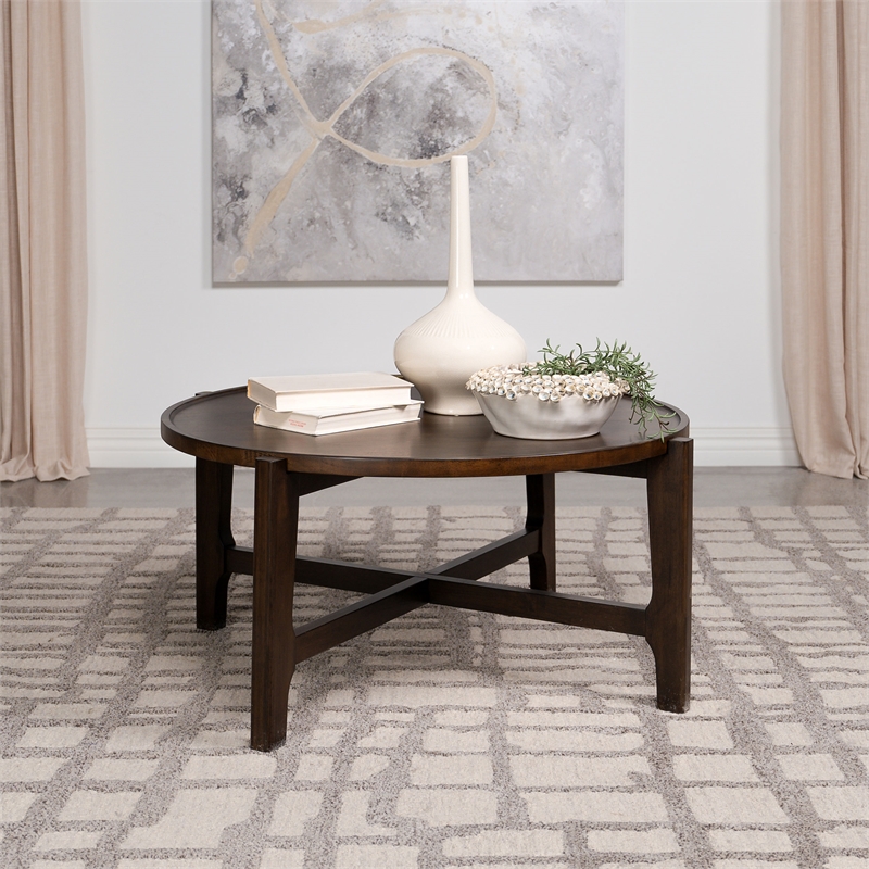 Pemberly Row Transitional Round Solid Wood Coffee Table in Dark Brown