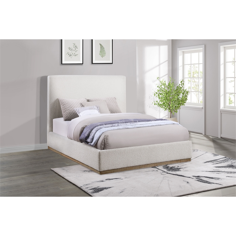 Pemberly Row Transitional Fabric Upholstered Queen Platform Bed Cream