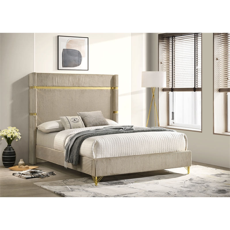 Pemberly Row Fabric Upholstered Eastern King Wingback Panel Bed Beige