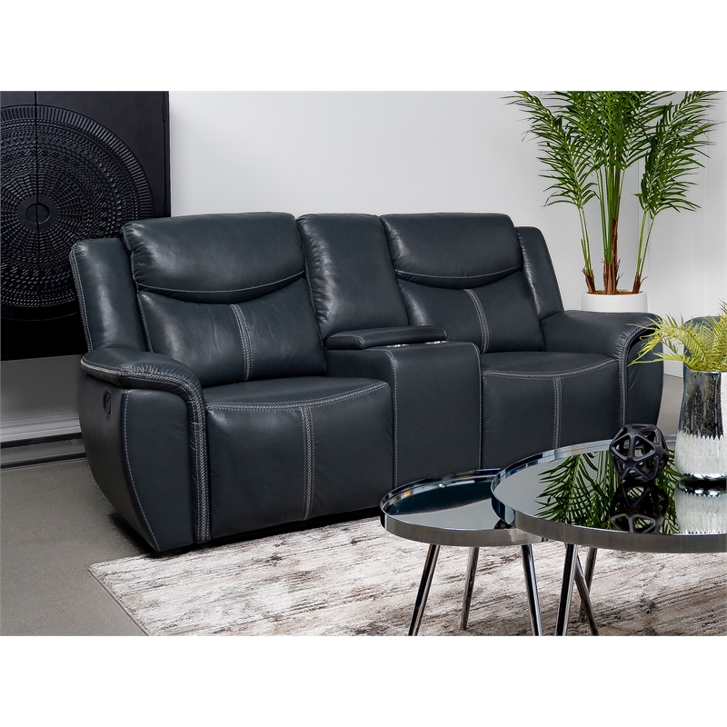 Pemberly Row Faux Leather Motion Reclining Loveseat with Console Blue