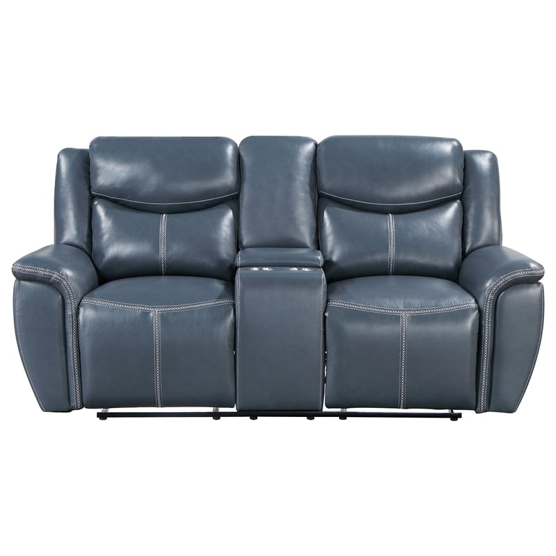 Pemberly Row Faux Leather Motion Reclining Loveseat with Console Blue