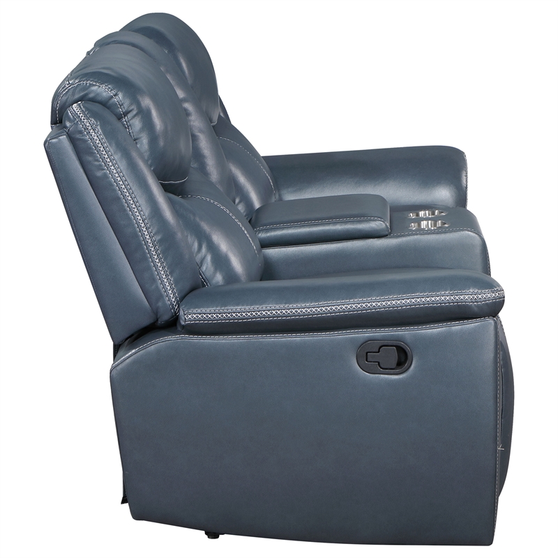 Pemberly Row Faux Leather Motion Reclining Loveseat with Console Blue