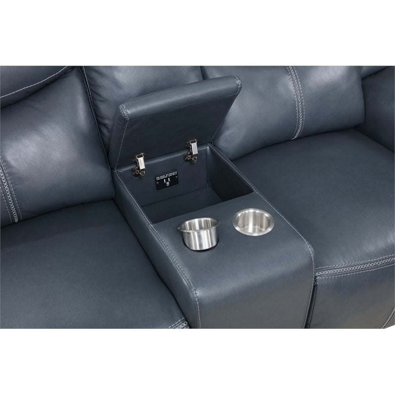 Pemberly Row Faux Leather Motion Reclining Loveseat with Console Blue