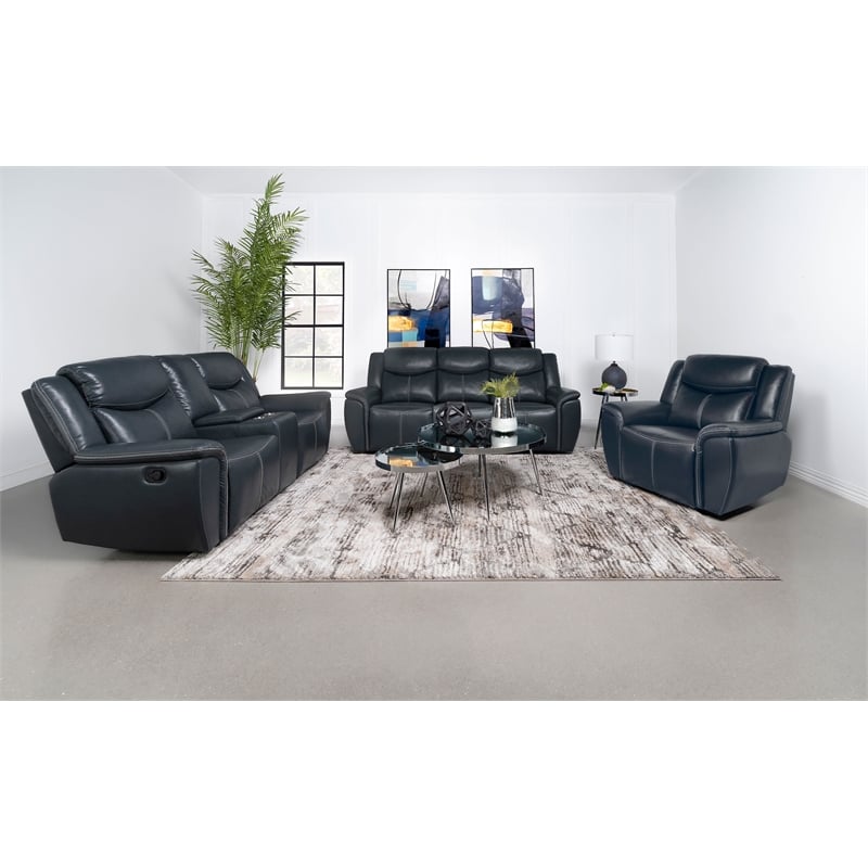 Pemberly Row Faux Leather Motion Reclining Loveseat with Console Blue