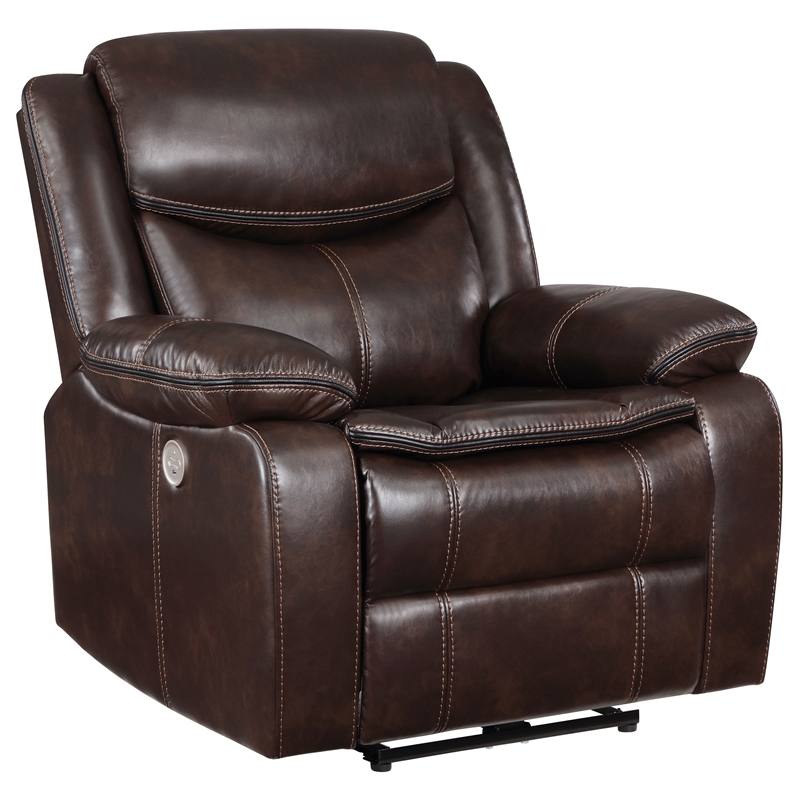 Pemberly Row Faux Leather Upholstered Power Recliner Chair Dark Brown