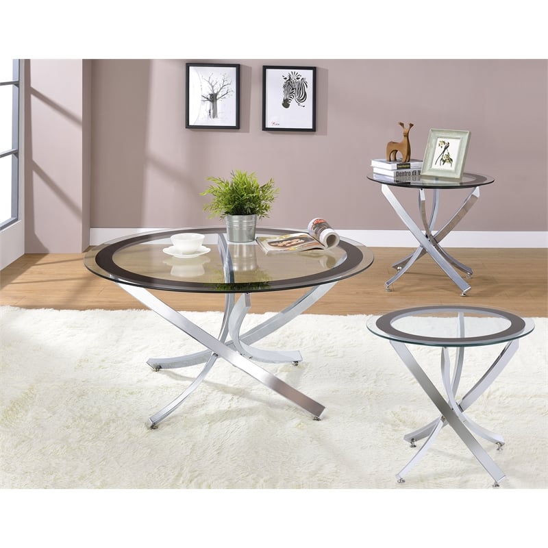Pemberly Row 3-piece Round Glass Top Metal Base Coffee Table Sets Chrome & Black