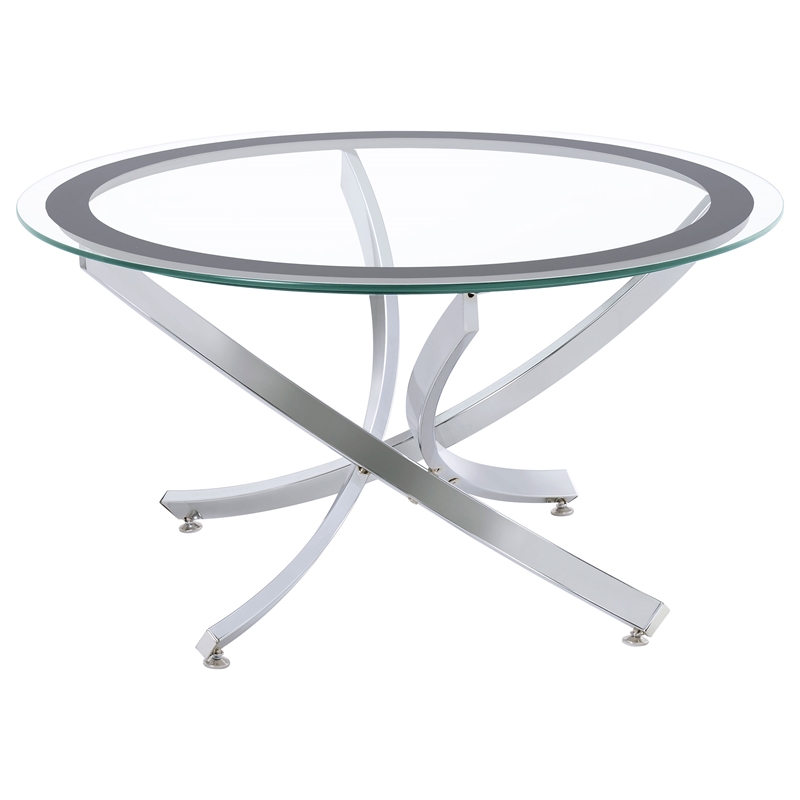 Pemberly Row 3-piece Round Glass Top Metal Base Coffee Table Sets Chrome & Black