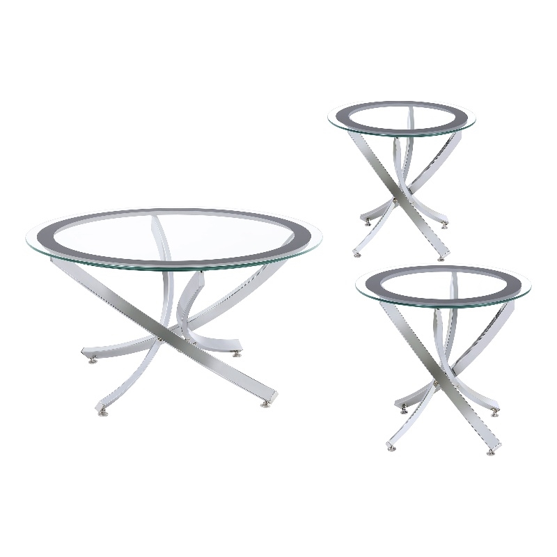 Pemberly Row 3-piece Round Glass Top Metal Base Coffee Table Sets Chrome & Black