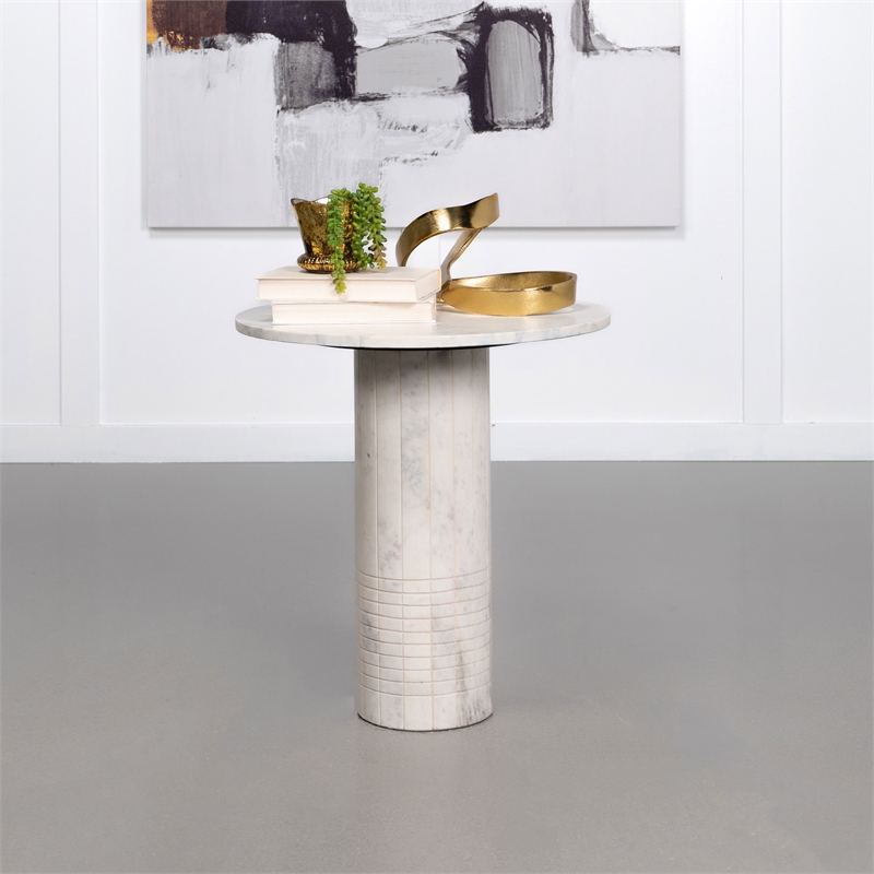 Pemberly Row Modern Wood Round Genuine Marble End Table White