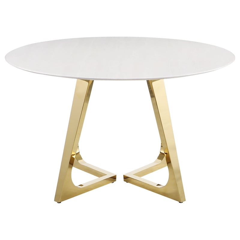Pemberly Row Round Dining Table with Marble Top White and Gold