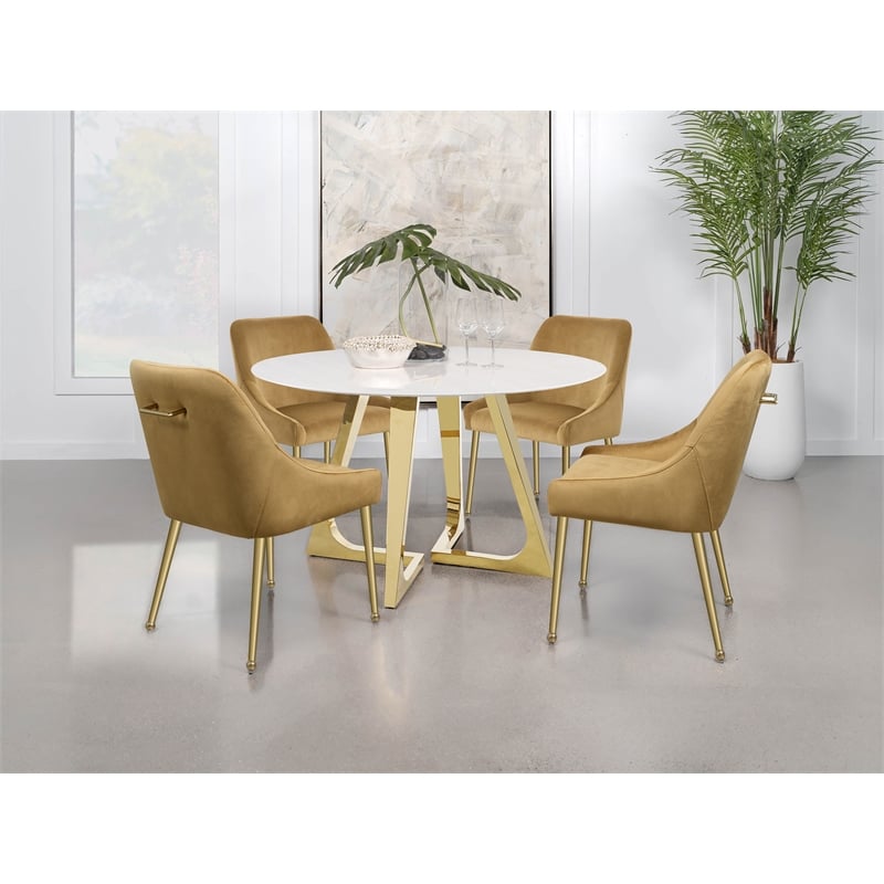 Pemberly Row Round Dining Table with Marble Top White and Gold