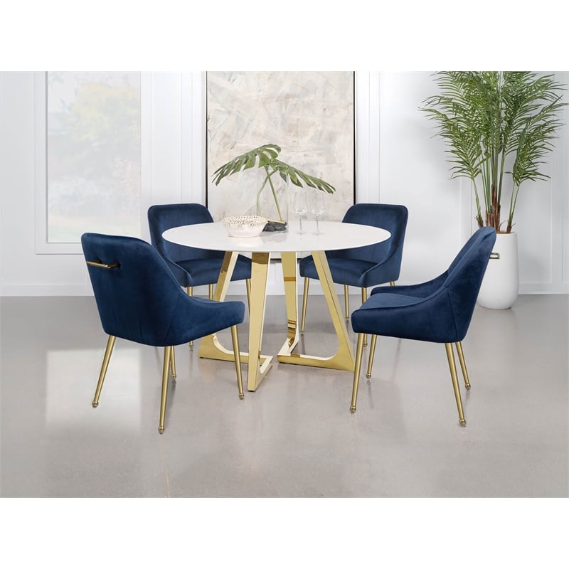 Pemberly Row Round Dining Table with Marble Top White and Gold