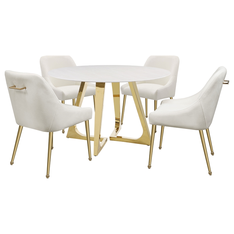 Pemberly Row Round Dining Table with Marble Top White and Gold