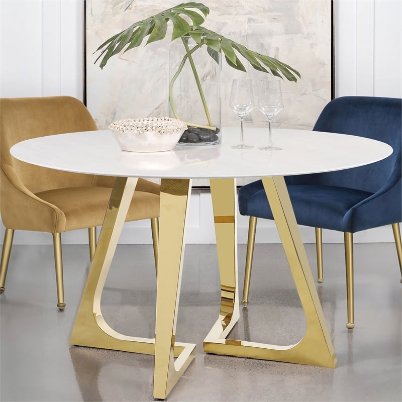 Pemberly Row Round Dining Table with Marble Top White and Gold