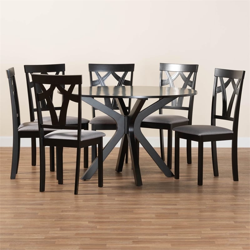 Pemberly Row Gray Fabric and Dark Brown Wood 7-Piece Dining Set