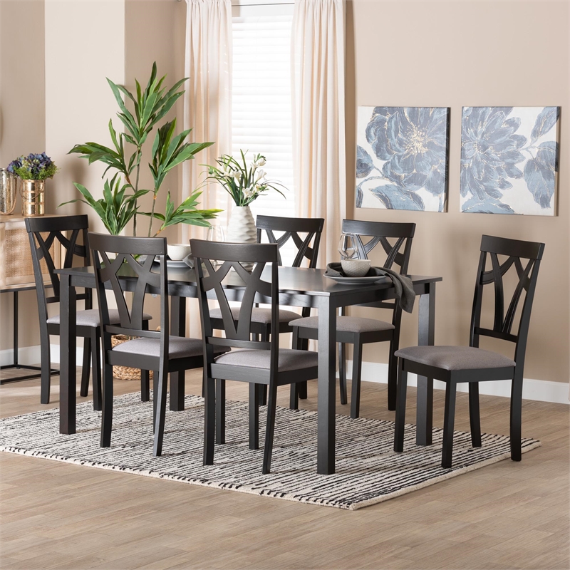 Pemberly Row Gray Fabric and Dark Brown Wood 7-Piece Dining Set