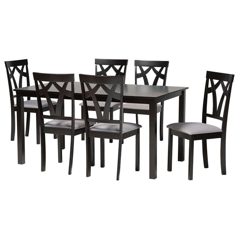 Pemberly Row Gray Fabric and Dark Brown Wood 7-Piece Dining Set