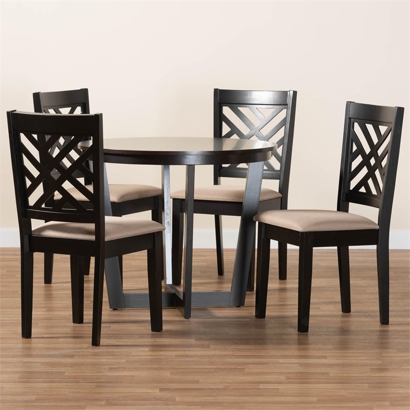 Pemberly Row Sand Fabric and Dark Brown Wood 5-Piece Dining Set