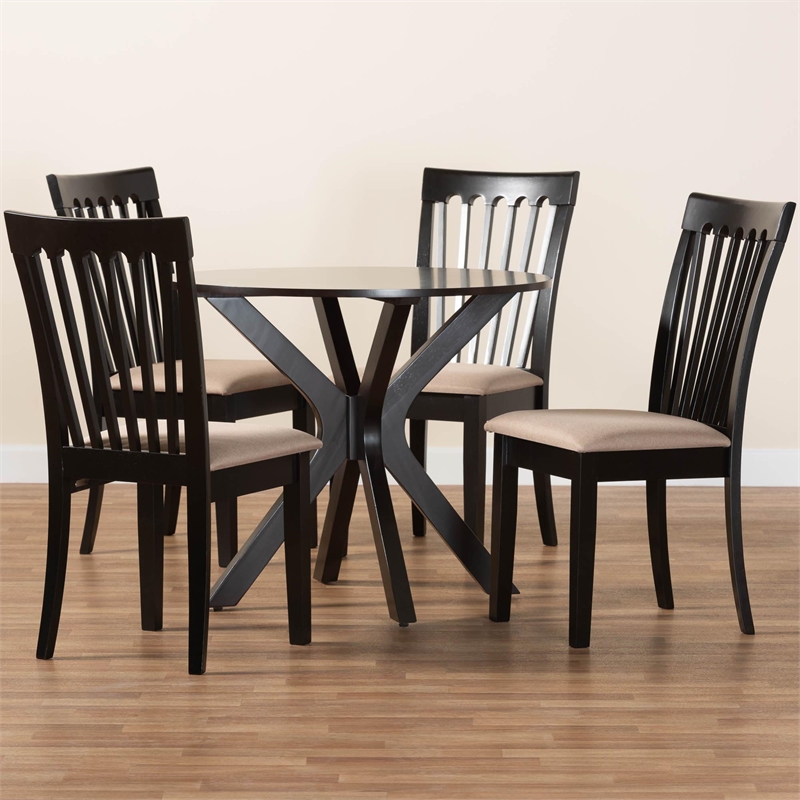 Pemberly Row Sand Fabric and Dark Brown Wood 5-Piece Dining Set