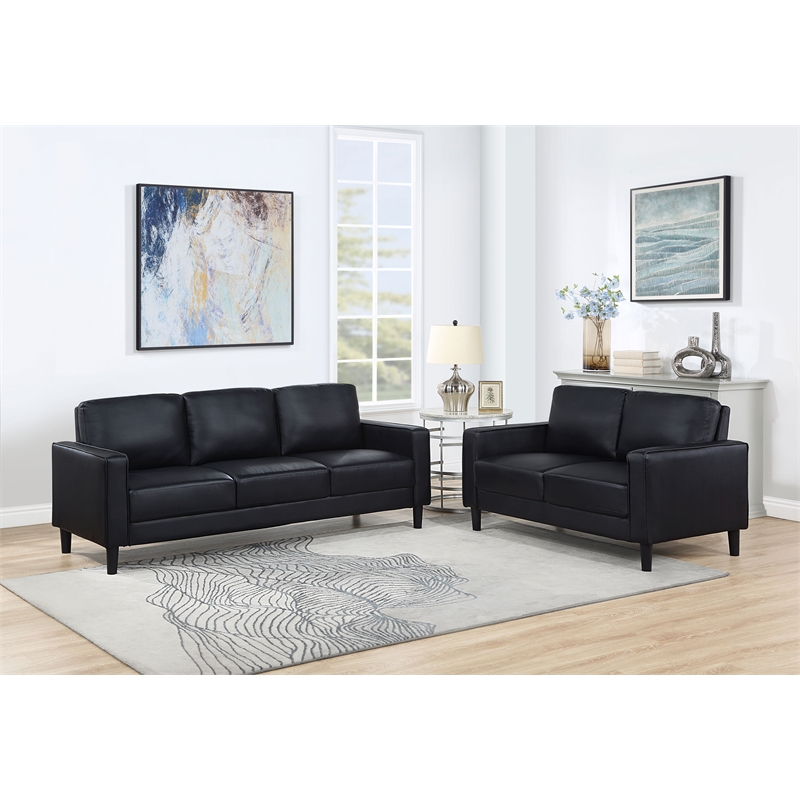 Pemberly Row 2-piece Upholstered Track Arm Faux Leather Sofa Set Black