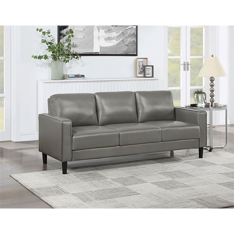 Pemberly Row Faux Leather Upholstered Track Arm Faux Leather Sofa Gray