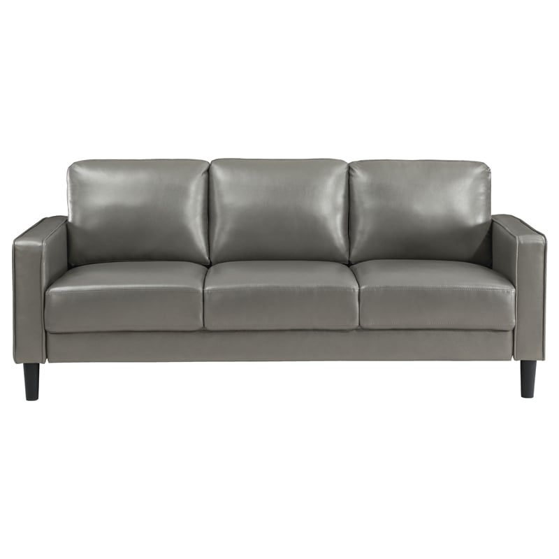 Pemberly Row Faux Leather Upholstered Track Arm Faux Leather Sofa Gray
