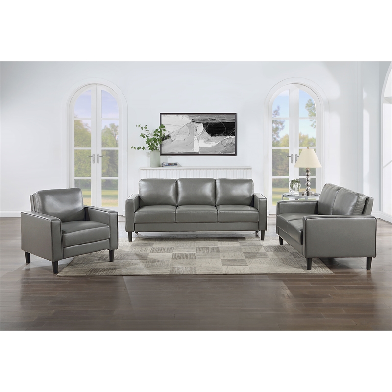Pemberly Row Faux Leather Upholstered Track Arm Faux Leather Sofa Gray